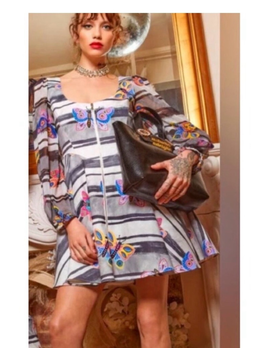 Autumn Adeigbo Butterfly Fit & Flare Dress Size 12 Long Sleeve Zip Front Mini